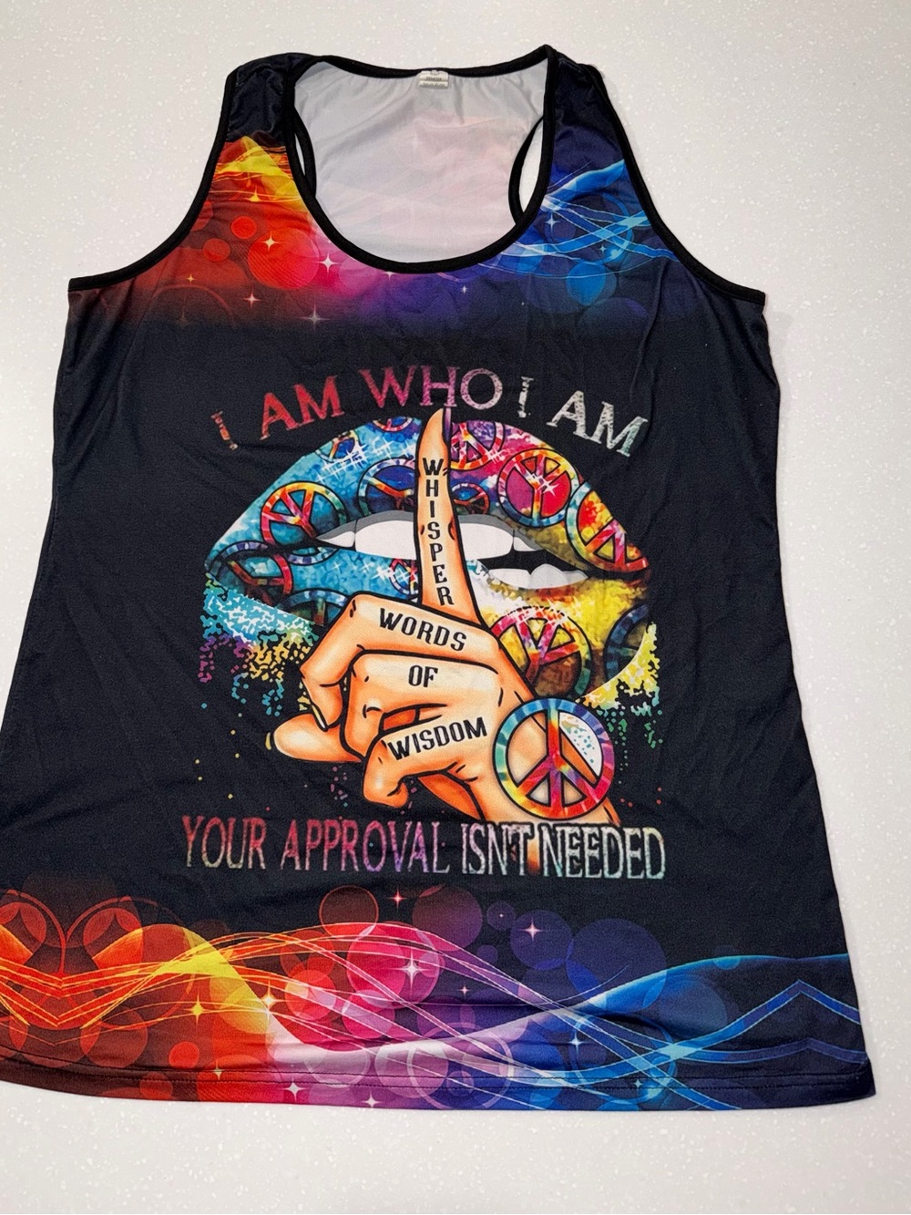 Black Graphic Racerback Tank Top with Multicolor Peace & Lips Design